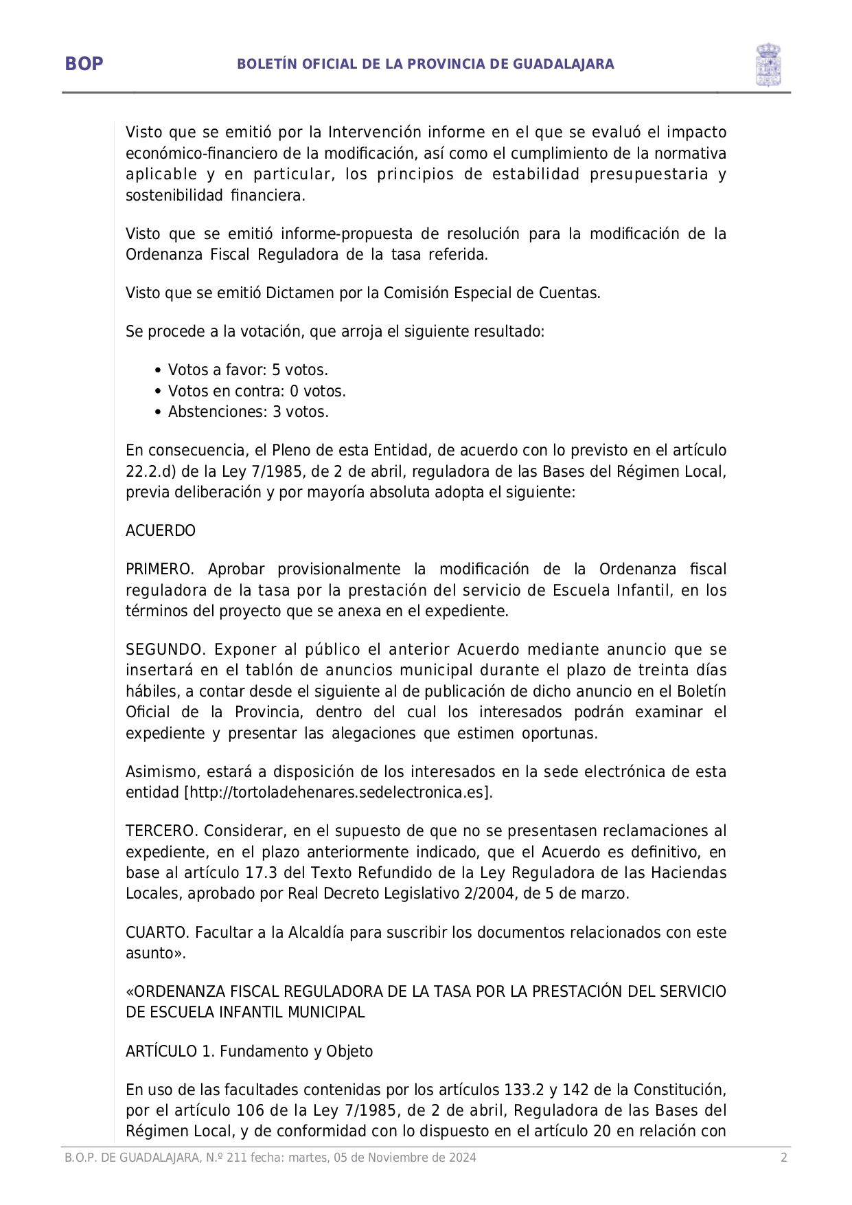 Aprobacin Definitiva Ordenanza Fiscal Reguladora Tasa Prestacin Servicio Escuela Infantil Page002