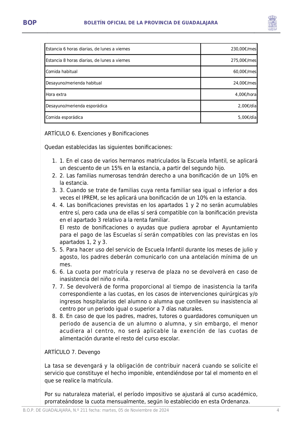 Aprobacin Definitiva Ordenanza Fiscal Reguladora Tasa Prestacin Servicio Escuela Infantil Page004