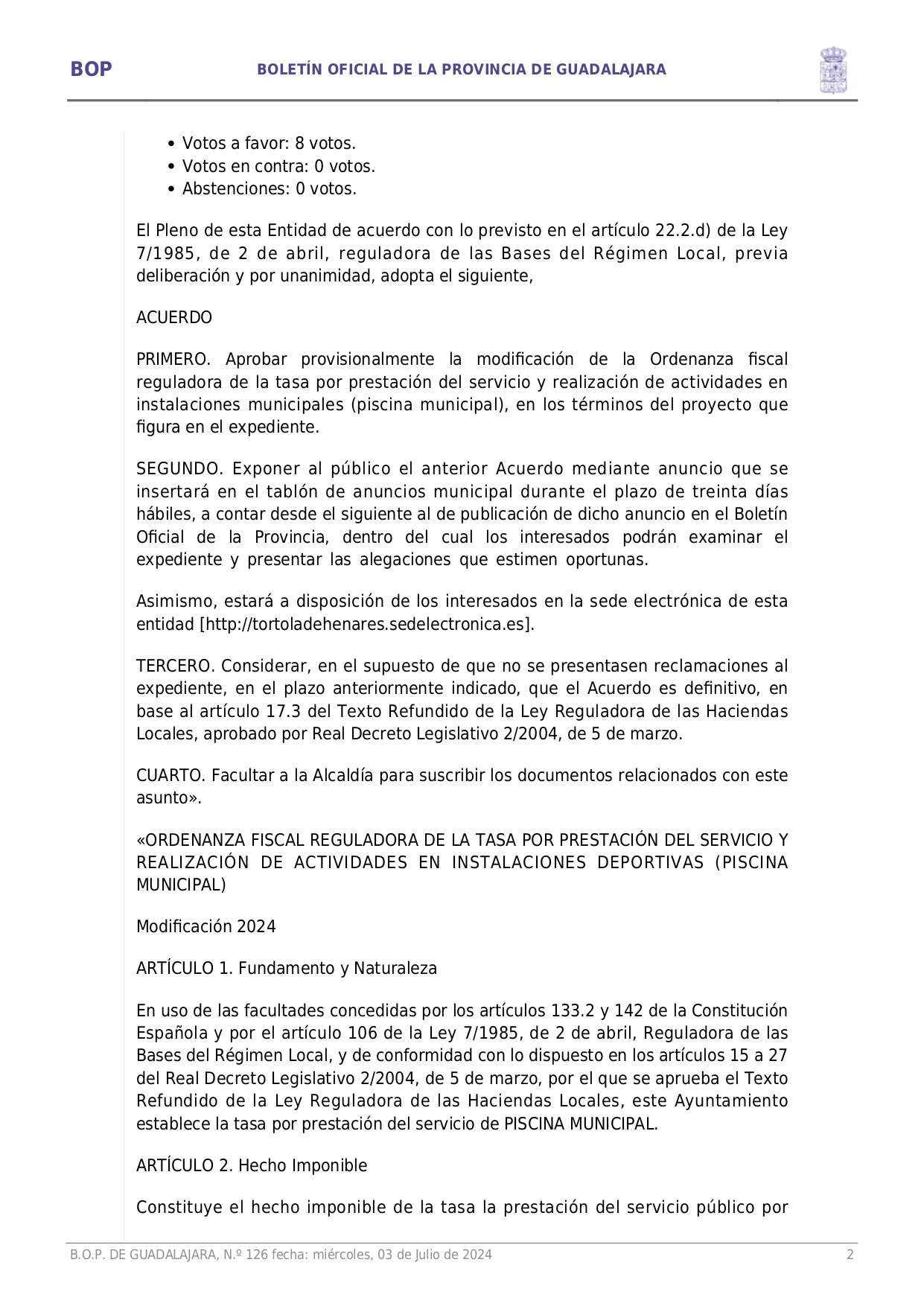 Aprobacin Definitiva Ordenanza Fiscal Reguladora Tasa Prestacin Servicio Y Realizacin Actividades Municipales Piscina Municipal Page0002