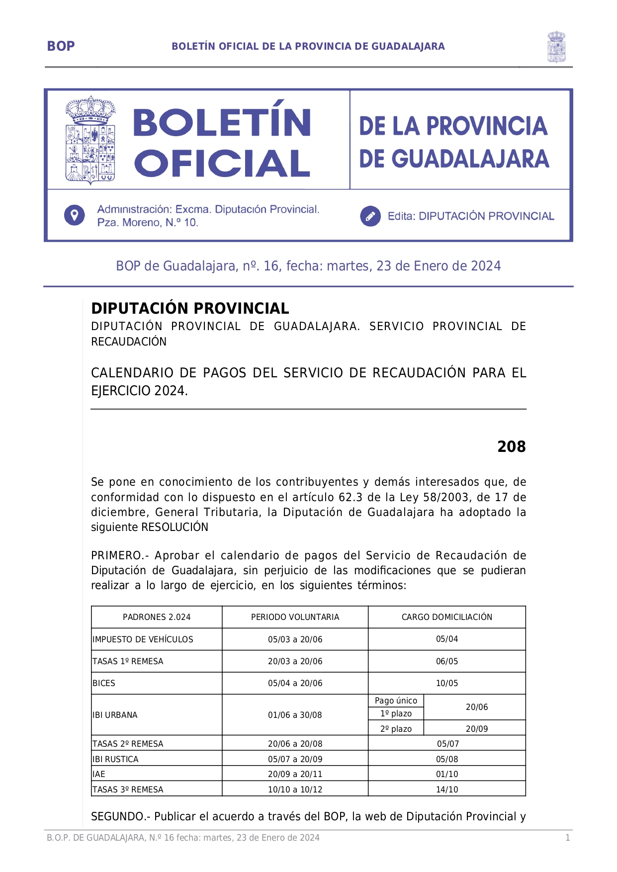 Calendario De Pagos Del Servicio Provincial De Recaudacin Para El Ejercicio 2024 Page001 Calendario De Pagos Del Servicio Provincial De Recaudacin Para El Ejercicio 2024 Page001