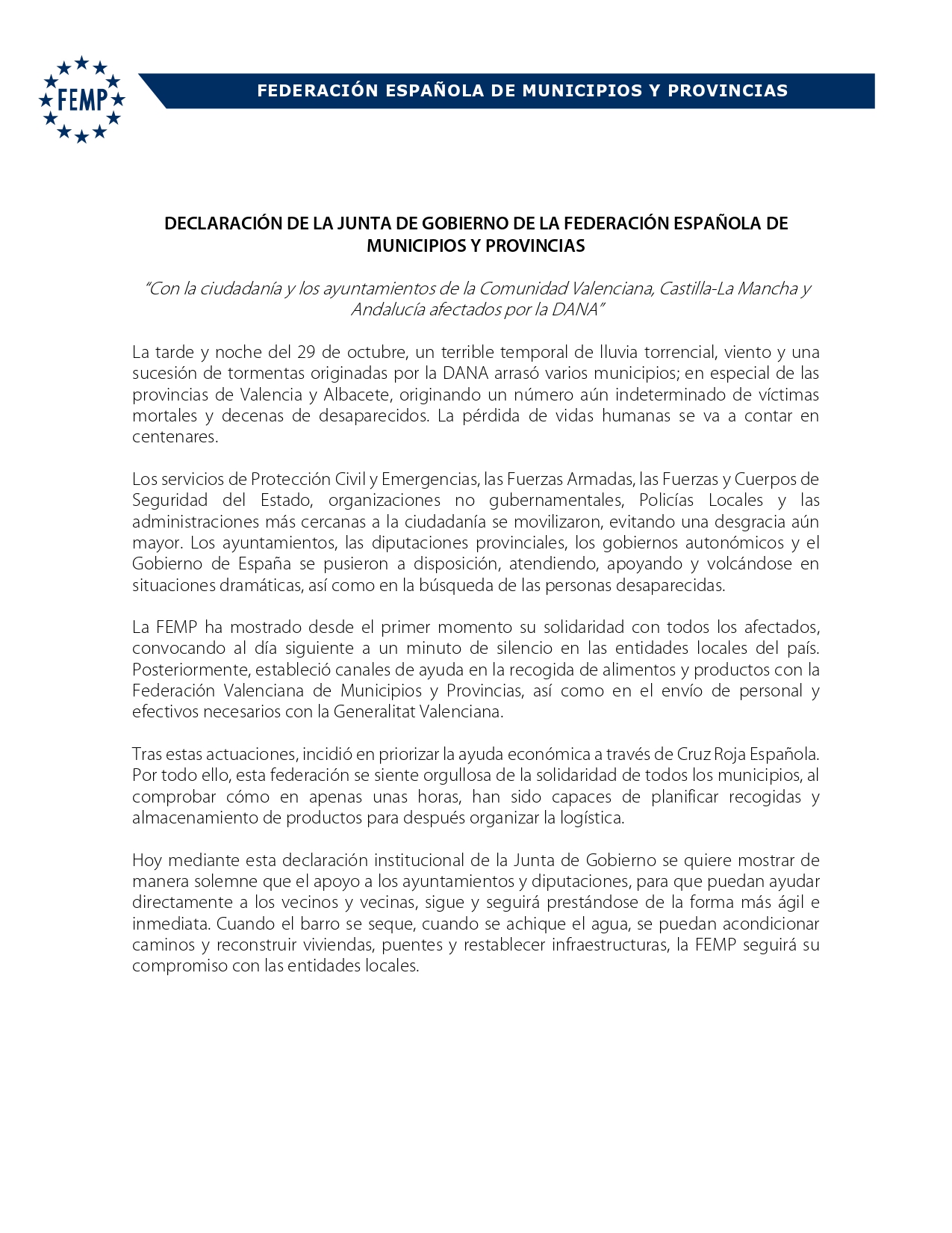 Declaracin FEMP Con La Ciudadana Y Los Ayuntamientos De La Comunidad Valenciana CastillaLa Mancha Y Andaluca Afectados Por La DANA Page001 Declaracin FEMP Con La Ciudadana Y Los Ayuntamientos De La Comunidad Valenciana CastillaLa Mancha Y Andaluca Afectados Por La DANA Page001