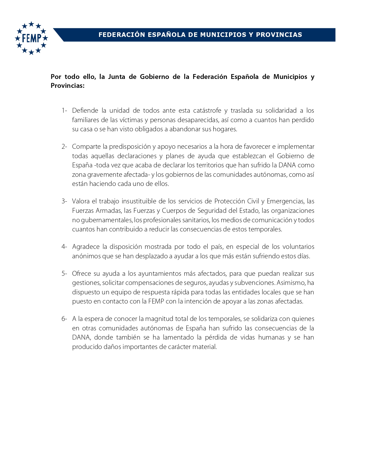 Declaracin FEMP Con La Ciudadana Y Los Ayuntamientos De La Comunidad Valenciana CastillaLa Mancha Y Andaluca Afectados Por La DANA Page002 Declaracin FEMP Con La Ciudadana Y Los Ayuntamientos De La Comunidad Valenciana CastillaLa Mancha Y Andaluca Afectados Por La DANA Page002