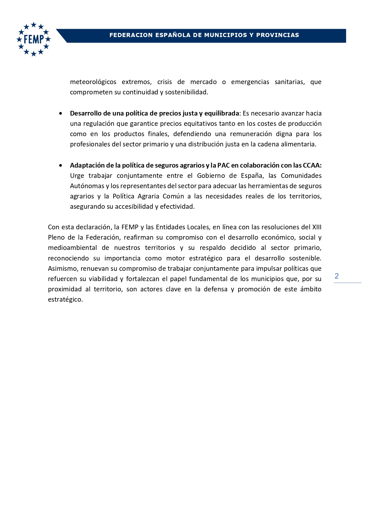 Declaracin Institucional FEMP En Defensa Sector Primario Page002 Declaracin Institucional FEMP En Defensa Sector Primario Page002